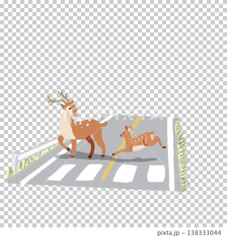 道路を横断する鹿の親子のイラスト 動物の飛び出し・交通安全素材 138333044