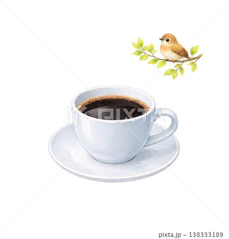 コーヒーと小鳥 水彩イラスト カップとソーサーのカフェ素材 ナチュラルでかわいい手描き風 シリーズ素 138333189