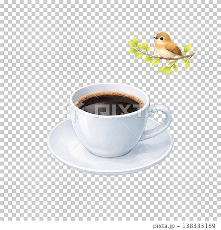 コーヒーと小鳥 水彩イラスト カップとソーサーのカフェ素材 ナチュラルでかわいい手描き風 シリーズ素 138333189