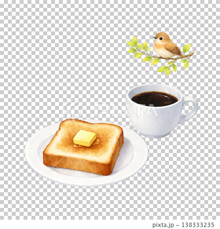 吐司、咖啡和一隻小鳥——水彩插畫。自然早餐咖啡館主題。可愛的手繪風格。系列素材。 138333235