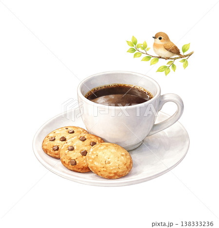 クッキーとコーヒーと小鳥 水彩イラスト おやつのカフェ素材 ナチュラルでかわいい手描き風 シリーズ素 138333236