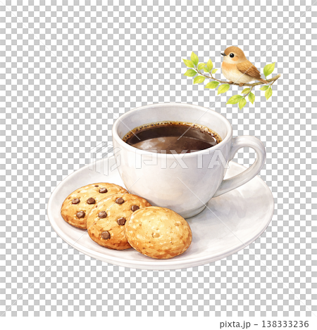 餅乾、咖啡和一隻小鳥——水彩插畫——小吃咖啡館素材——自然可愛的手繪風格——系列素材 138333236