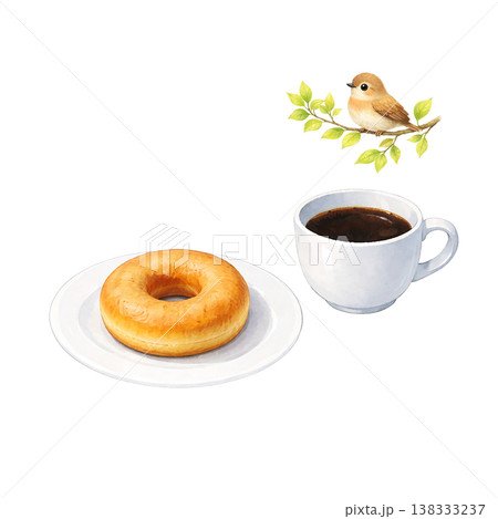 ドーナツとコーヒーと小鳥 水彩イラスト カフェのスイーツ素材 ナチュラルでかわいい手描き風 シリーズ 138333237