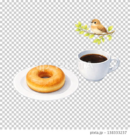 ドーナツとコーヒーと小鳥 水彩イラスト カフェのスイーツ素材 ナチュラルでかわいい手描き風 シリーズ 138333237