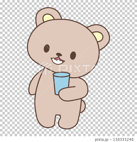 可愛的熊漱口插圖。用杯子漱口。生活習慣。教育素材。透明背景PNG格式。 138333248