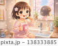 洗面所で歯みがきをする女の子のイラスト（子ども・生活習慣・かわいい・日本） 138333885
