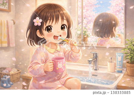 洗面所で歯みがきをする女の子のイラスト（子ども・生活習慣・かわいい・日本） 138333885