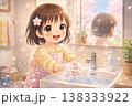 「洗面所で歯みがきをする女の子のイラスト（子ども・生活習慣・かわいい・日本） 138333922