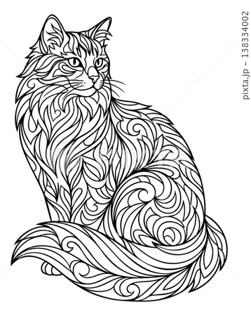 Line art illustration of a fluffy cat depicting ornate swirl patterns and decorative floral details for coloring page design 138334002