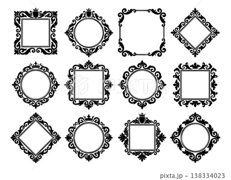 Silhouette icon set of 12 ornate baroque frames featuring scrollwork, crowns and floral flourishes for elegant design 138334023
