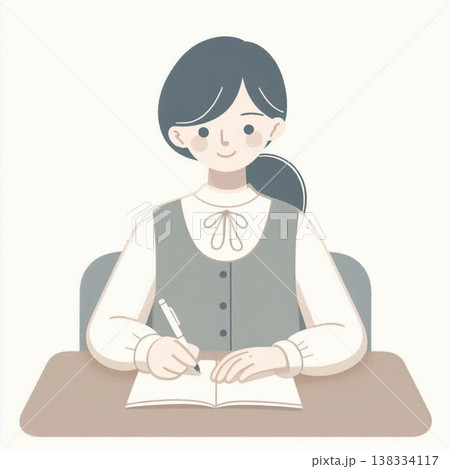 ノートを書いている長袖制服の女性 138334117