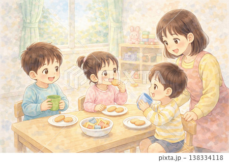 「洗面所で手を洗う女の子のイラスト（子ども・衛生・生活習慣・日本） 138334118