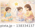 トイレトレーニングをする子どもと保育士のイラスト（幼児・生活習慣・保育園・日本） 138334137