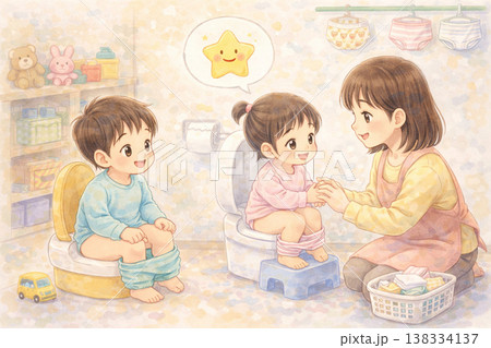トイレトレーニングをする子どもと保育士のイラスト（幼児・生活習慣・保育園・日本） 138334137