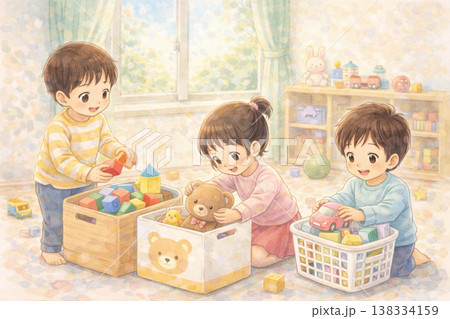 おもちゃを片付ける子どもたちのイラスト（保育園・生活習慣・かわいい・日本） 138334159