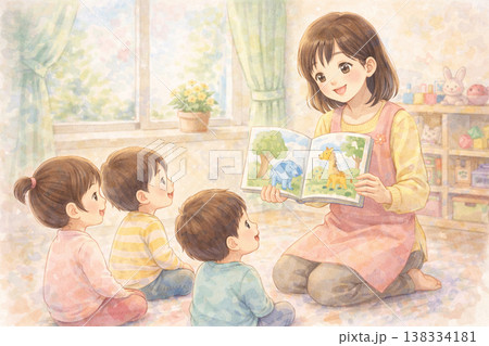 保育士が子どもに絵本を読み聞かせするイラスト（保育園・教育・かわいい・日本 138334181