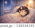 ベッドで眠る女の子のイラスト（子ども・睡眠・かわいい・夜・日本） 138334193