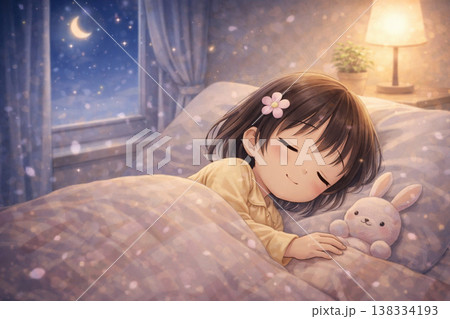 ベッドで眠る女の子のイラスト（子ども・睡眠・かわいい・夜・日本） 138334193