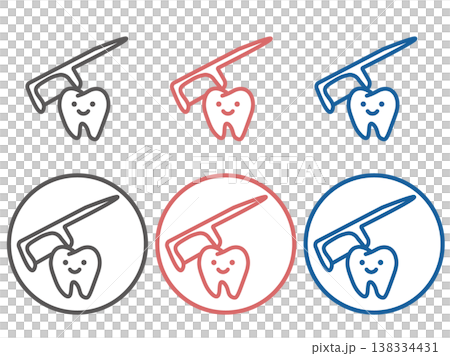 一組可愛的牙齒和牙線圖標，包含灰色、摩卡和藍色三種顏色，圓形邊框。 （口腔衛生，口腔護理） 138334431