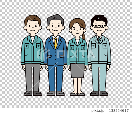 A set of full-body vector illustrations of a factory owner/president, a female office worker, and male employees in work clothes. A set of full-body vector illustrations of a factory owner/president, a female office worker, and male employees in work clothes. 138334617