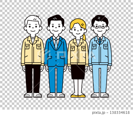 一組全身向量插圖，描繪了一家製造/建築公司的總裁、一名身穿工作服的男工人和一名女辦公室職員。 138334618