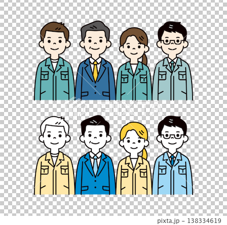 一組向量插圖，展示了一位身穿西裝的中年男子的上半身，以及幾位男女工程師、工人和員工。 138334619