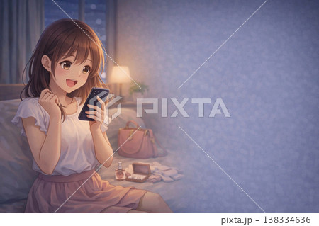 スマホを見る女性 ワクワク 恋愛 デート前 メッセージ イメージ 138334636