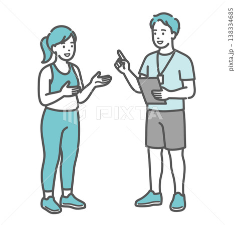 笑顔で男性トレーナーと会話・相談をするぽっちゃり体型の女性のイラスト 笑顔で男性トレーナーと会話・相談をするぽっちゃり体型の女性のイラスト 138334685
