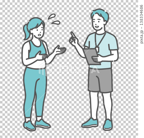 An illustration of a slightly overweight woman with an anxious expression consulting with a male trainer. An illustration of a slightly overweight woman with an anxious expression consulting with a male trainer. 138334686