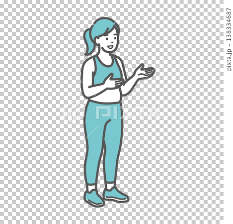 笑顔で会話・説明をするスポーツウェア姿のぽっちゃり女性のイラスト 138334687
