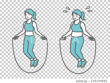 A set of illustrations comparing a woman with an ideal figure who is happily jump roping with a smile, and a chubby woman who is struggling. 138334693