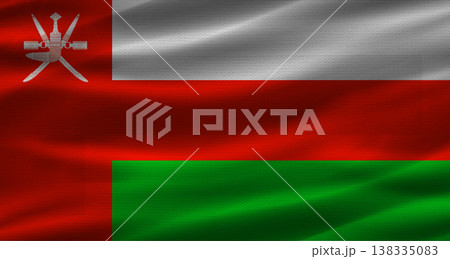 Oman flag with fabric texture. Realistic flag of Oman waving Oman flag with fabric texture. Realistic flag of Oman waving 138335083