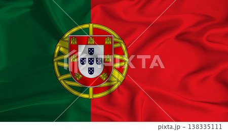 Realistic Portugal flag waving. Close up of flag of Portugal with cloth texture Realistic Portugal flag waving. Close up of flag of Portugal with cloth texture 138335111