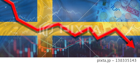 Swedish financial crisis on economic graph. Financial fall of Sweden on economy market background 138335143
