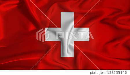 Realistic Switzerland flag waving. Close up of flag of Switzerland with cloth texture 138335146