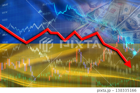 Ukraine financial crisis on economic graph. Financial fall of Ukraine on economy market Ukraine financial crisis on economic graph. Financial fall of Ukraine on economy market 138335166