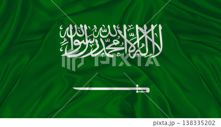 Flag of Saudi Arabia with cloth texture. Close up of Saudi Arabia flag waving Flag of Saudi Arabia with cloth texture. Close up of Saudi Arabia flag waving 138335202