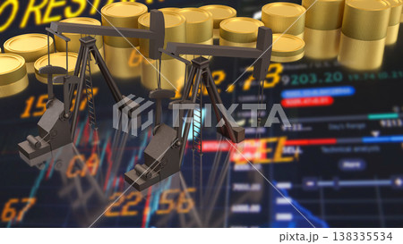 Oil Pump Jack With Stock Market And Gold Coins Concept 3d render. Oil Pump Jack With Stock Market And Gold Coins Concept 3d render. 138335534