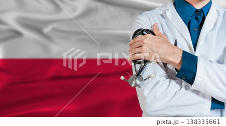 Doctor with stethoscope on Poland flag. Doctor holding stethoscope on Poland flag Doctor with stethoscope on Poland flag. Doctor holding stethoscope on Poland flag 138335661