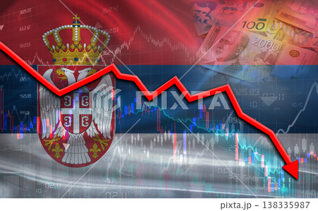 Serbia financial fall on economy market. Serbian financial crisis on economic graph 138335987