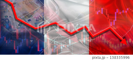 French financial crisis on economic graph. Financial fall of France on economy market background French financial crisis on economic graph. Financial fall of France on economy market background 138335996