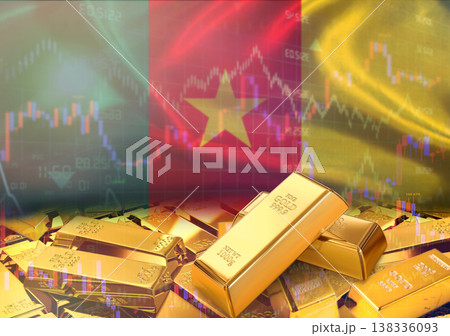 Gold bars on Cameroonian flag in background. Gold bars stacked on Cameroonian flag. Concept of Cameroon gold reserves Gold bars on Cameroonian flag in background. Gold bars stacked on Cameroonian flag. Concept of Cameroon gold reserves 138336093