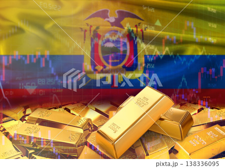 Gold bars on Ecuadorian flag in background. Gold bars stacked on Ecuadorian flag. Concept of Ecuador gold reserves Gold bars on Ecuadorian flag in background. Gold bars stacked on Ecuadorian flag. Concept of Ecuador gold reserves 138336095