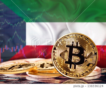 Bitcoin with Kuwait flag in the background. Investors in cryptocurrency and Blockchain Technology in Kuwait, Concept 138336124