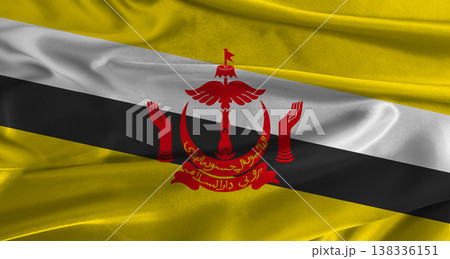 Flag of Brunei with fabric textured background. Close up of National flag of Brunei with realistic texture 138336151
