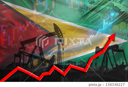 Oil production with Guyanese flag, petrol industry. Oil pumps with Guyana flag 138336227
