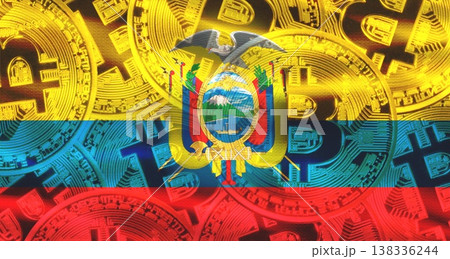 Golden bitcoin coins on Ecuador flag background. Bitcoin coins on Ecuador flag background 138336244