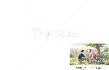 介護する家族と高齢女性 公園で休憩するシニアと介護士 在宅介護・福祉イメージ 138336307