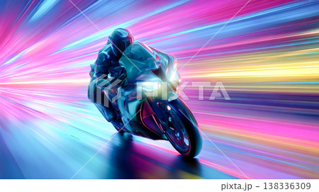 近未来のイメージのカラフルな光の背景に疾走するバイクとライダー 138336309