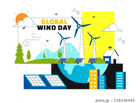 Global Wind Day Vector Illustration on June 15 With Wind Turbines And Solar Panels For Renewable Energy Concept, Clean Power and Environmental Design Global Wind Day Vector Illustration on June 15 With Wind Turbines And Solar Panels For Renewable Energy Concept, Clean Power and Environmental Design 138336449